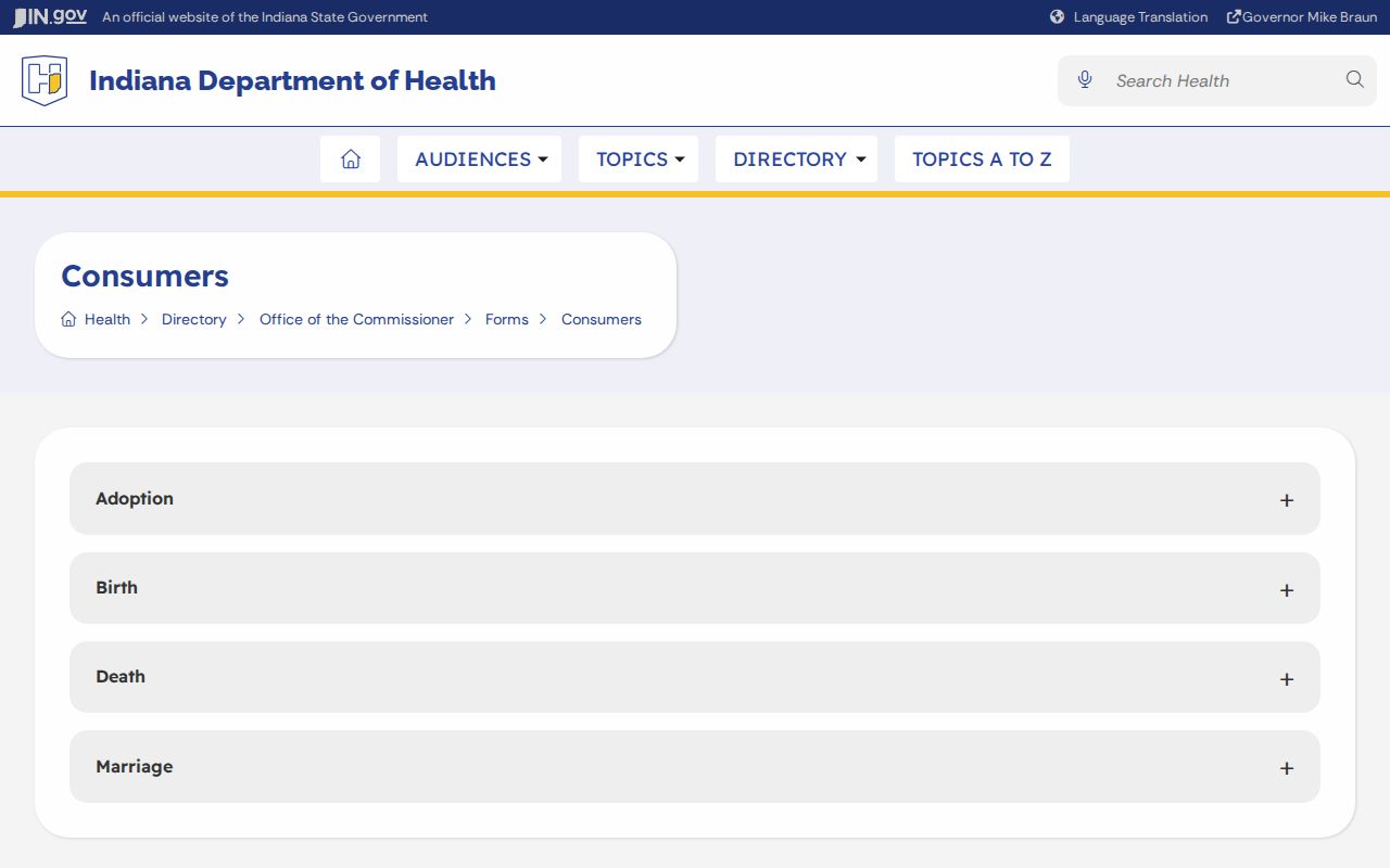 Indiana vital records consumer forms for Seymour birth and death requests
