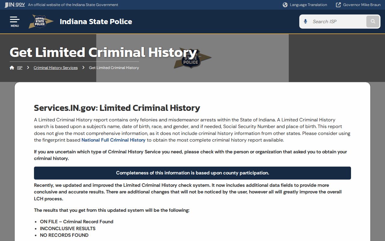Indiana State Police limited criminal history instructions for a Seymour name check