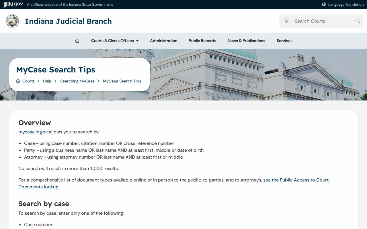 Indiana MyCase search help used for a Seymour resident lookup