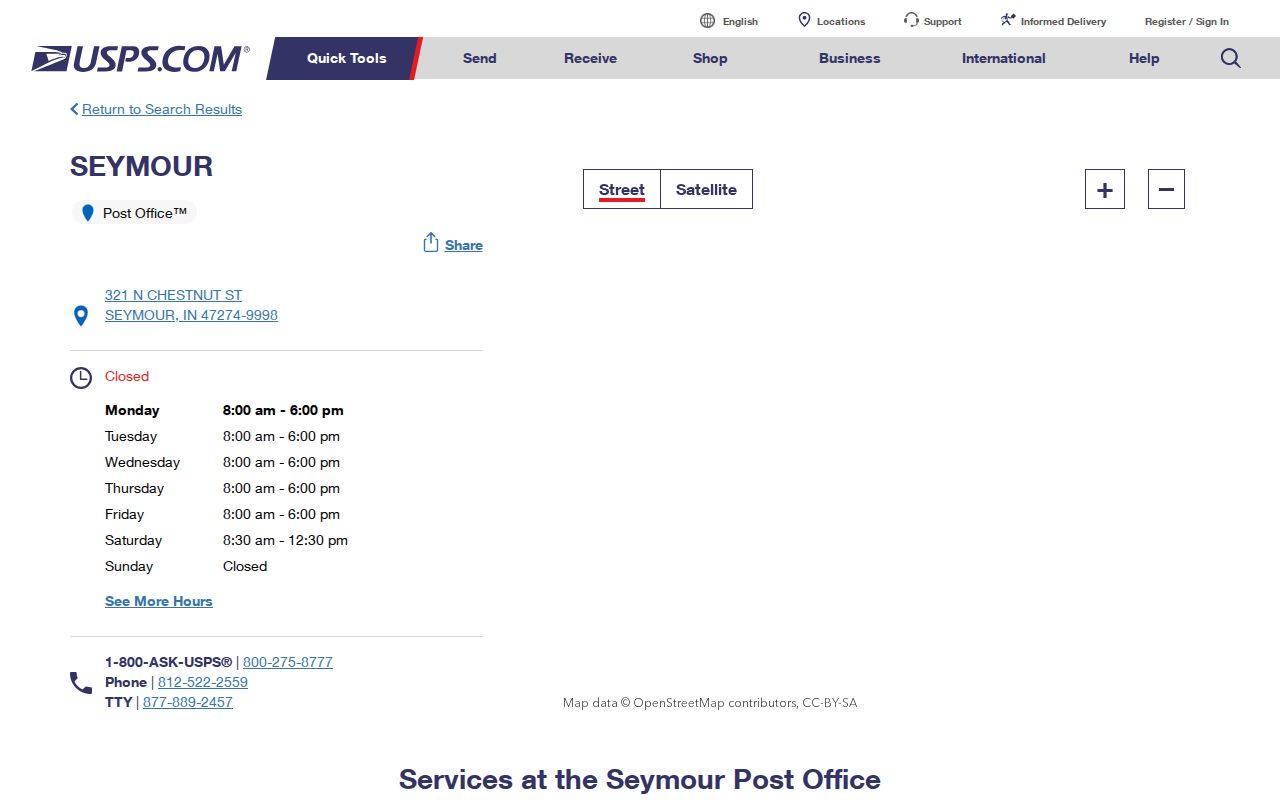 Seymour ZIP code directory showing the 47274 post office